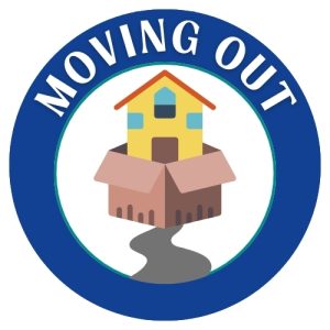 image of moving out logo; road leading to a home emerging from a moving box