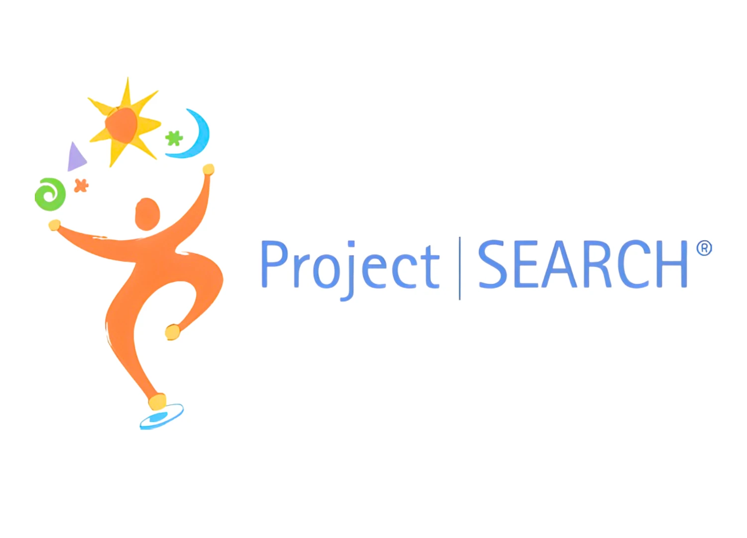 Orange abstract figure leaping with raised arms, surrounded by sun, moon, star and colorful shapes, beside blue Project | SEARCH logo.